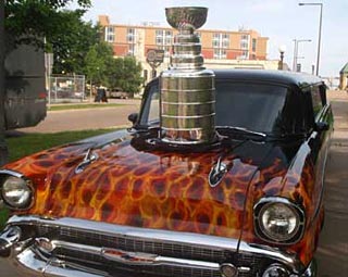 The Stanley Cup was driven from the hotel to the Xcel Energy Center in a 57 Chevy limousine