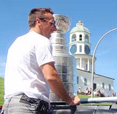 Brad Marchand and the Stanley Cup on their way to City Hall in Halifax, Nova Scotia.