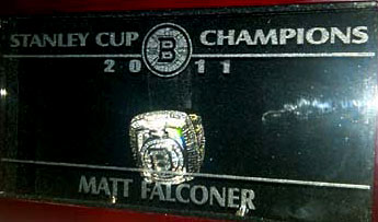 Stanley Cup ring and case presented to Boston Bruins assistant equipment manager Matt Falconer.