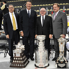General Manager Jim Rutherford poses with the Stanley Cup following the 2016 Stanley Cup Final when the Pittsburgh Penguins defeated the San Jose Sharks.