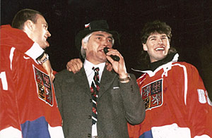 Czech Republic head coach Ivan Hlinka along with players Robert Reichel (L) and Jaromir Jagr celebrating a gold medal win at the 1998 Olympic Winter Games in Nagano, Japan during a rally in the Czech Republic.