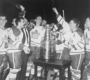 L - R : Maple Leafs Cesare Maniago, Bob Baun, Allan Stanley, Bob Pulford and Dick Duff celebrate following Game 6 of the 1962 Stanley Cup Final at the Chicago Stadium.