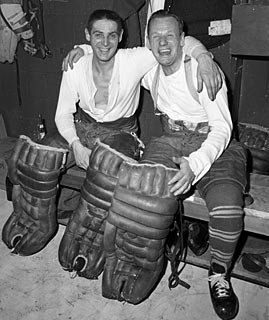 Terry Sawchuk and Johnny Bower celebrate the Maple Leafs' Stanley Cup victory after Game 6 of the 1967 Stanley Cup Final on May 2, 1967 at Maple Leaf Gardens.