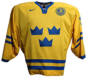 Team Sweden jersey worn by netminder Henrik Lundqvist throughout the 2006 Winter Olympic Games in Turin, Italy.