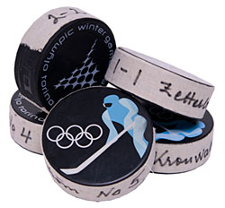 Pucks used to score all five goals by Sweden and Finland during the gold medal game of the 2006 Winter Olympic Games in Turin, Italy. Sweden defenseman Nicklas Lidstrom broke a 2-2 tie earning to give his country a 3-2 win and its first Olympic hockey gold medal since 1994.