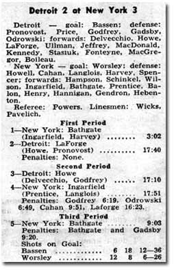 The scoring summary of Bathgate's memorable goal of March 14, 1962 as posted in the Hockey News
