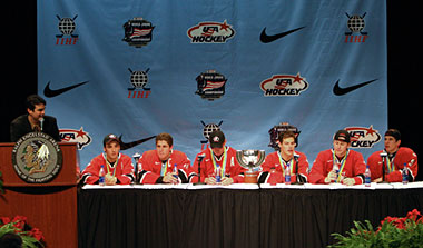 Canadian players answer questions from the media following a gold medal game win over Russia at the 2005 World Junior Championship in Fargo, North Dakota.