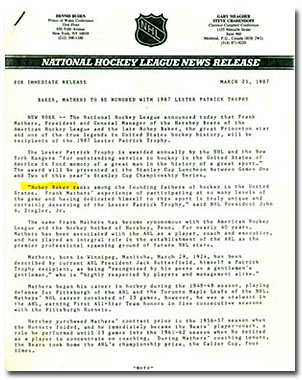 NHL news release honouring Hobey Baker with the Lester Patrick Trophy
