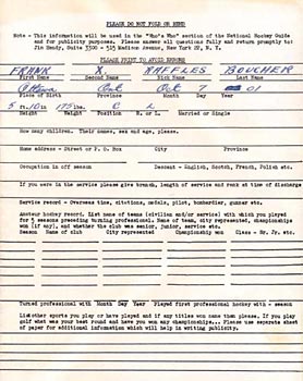Frank Bouchers portion of 'Who's Who' section in the National Hockey League's Guide and Record Book
