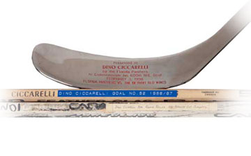 Commemorative sterling silver stick presented to Dino Ciccarelli of the Florida Panthers on the occasion of his 600th NHL career goal, along with his 52nd goal stick from 1986-87 as a member of the Minnesota North Stars and the stick he used in the 1981 Stanley Cup Playoffs to set a record for most goals and points by a rookie in one playoff year