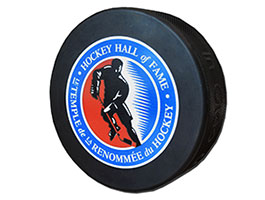 We can provide custom Hockey Hall of Fame pucks with our logo on one side and your logo or design on the other.
