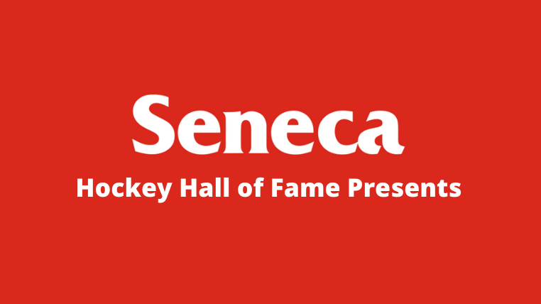 White Seneca College logo sits on a background of red. Underneath is the course title, 'Hockey Hall of Fame Presents'.